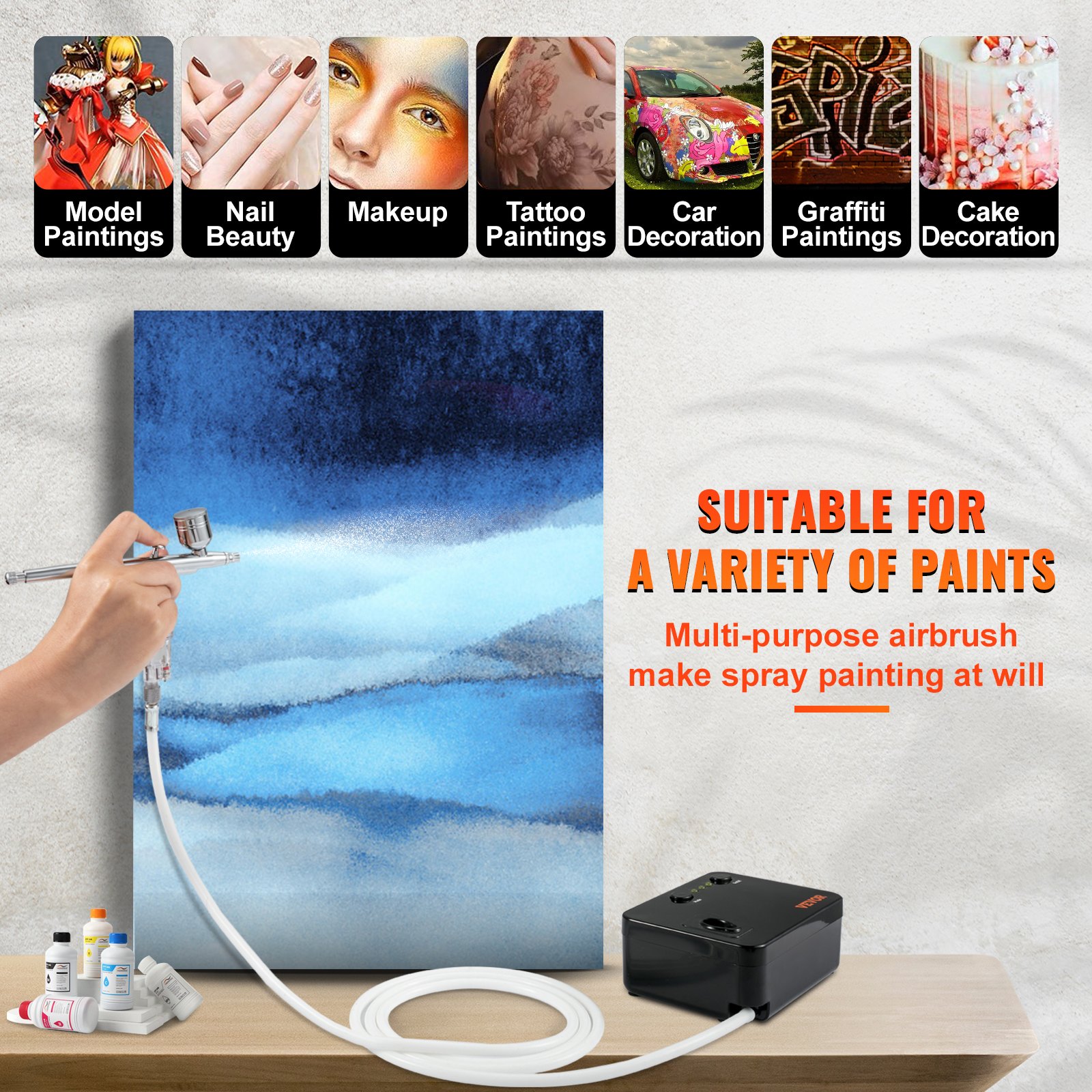 VEVOR Airbrush Kit, Portable Airbrush Set with Compressor, Airbrushing System Kit with Multi-purpose Dual-action Gravity Feed Airbrushes, Art Nail Cookie Tattoo Makeup Cake Decorating Spray Model Craf