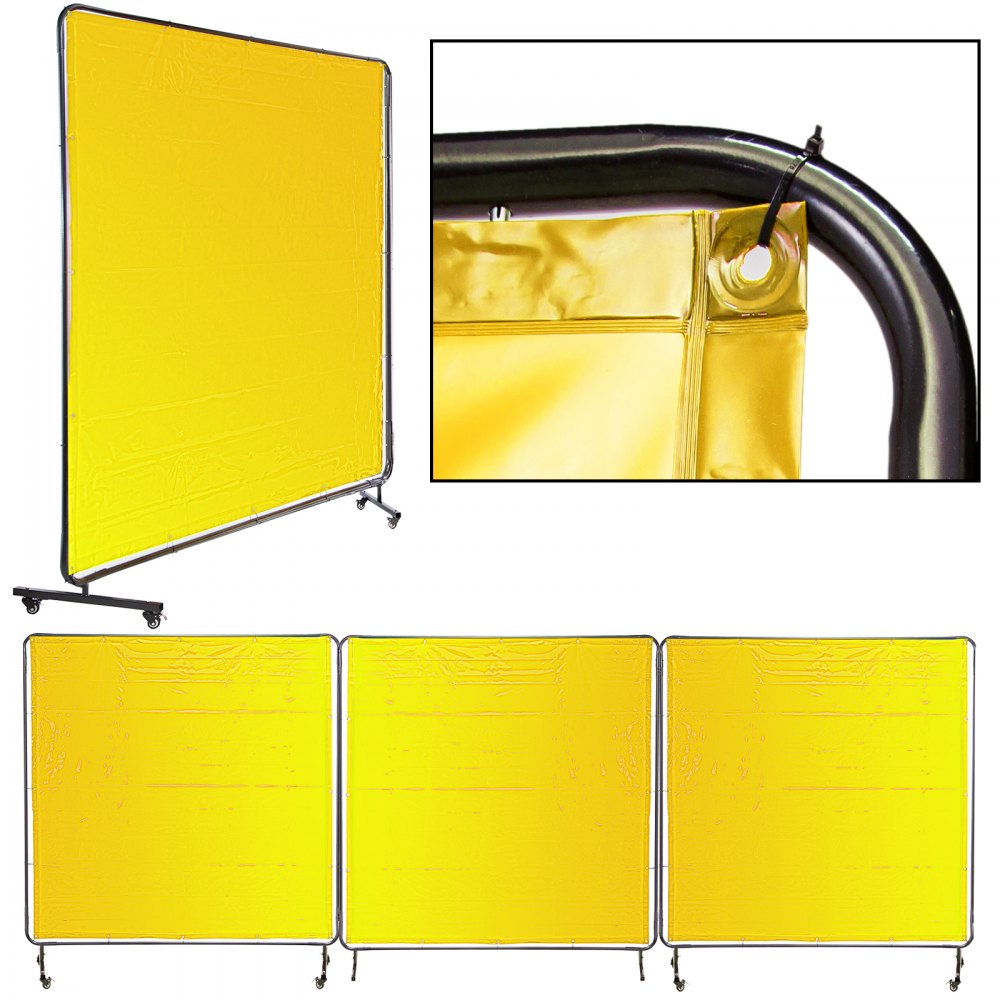 VEVOR Welding Curtain 6' x 6' Welding Screens Flame Retardant 3 Panel Welding Curtain with Frame and Wheels, Translucent Welding Shield, Flame Resistance Weld Curtain, Adjustable Size, Yellow