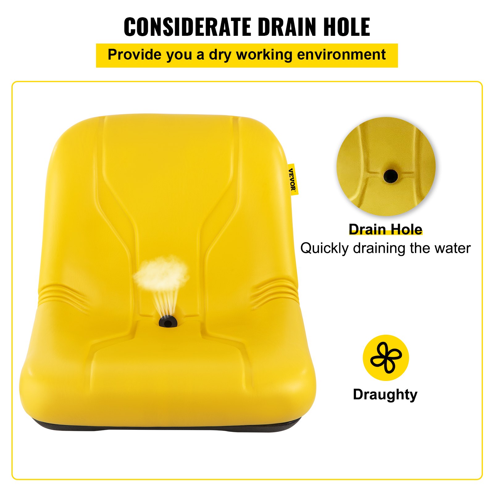 VEVOR Universal Tractor Seat, Industrial High Back, PVC Lawn and Garden Mower Seat Replacement, Drain Hole Steel Frame Compact Forklift Seat, Compatible with Excavator, Mower, Forklift, Yellow