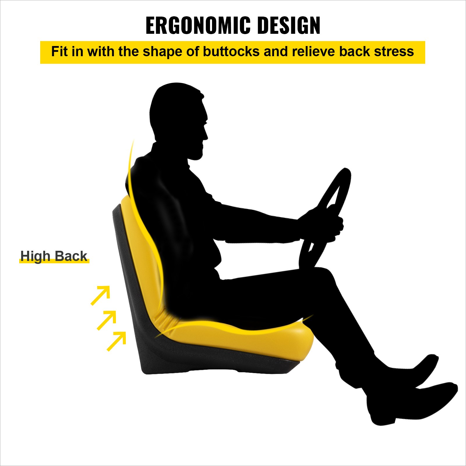 VEVOR Universal Tractor Seat, Industrial High Back, PVC Lawn and Garden Mower Seat Replacement, Drain Hole Steel Frame Compact Forklift Seat, Compatible with Excavator, Mower, Forklift, Yellow
