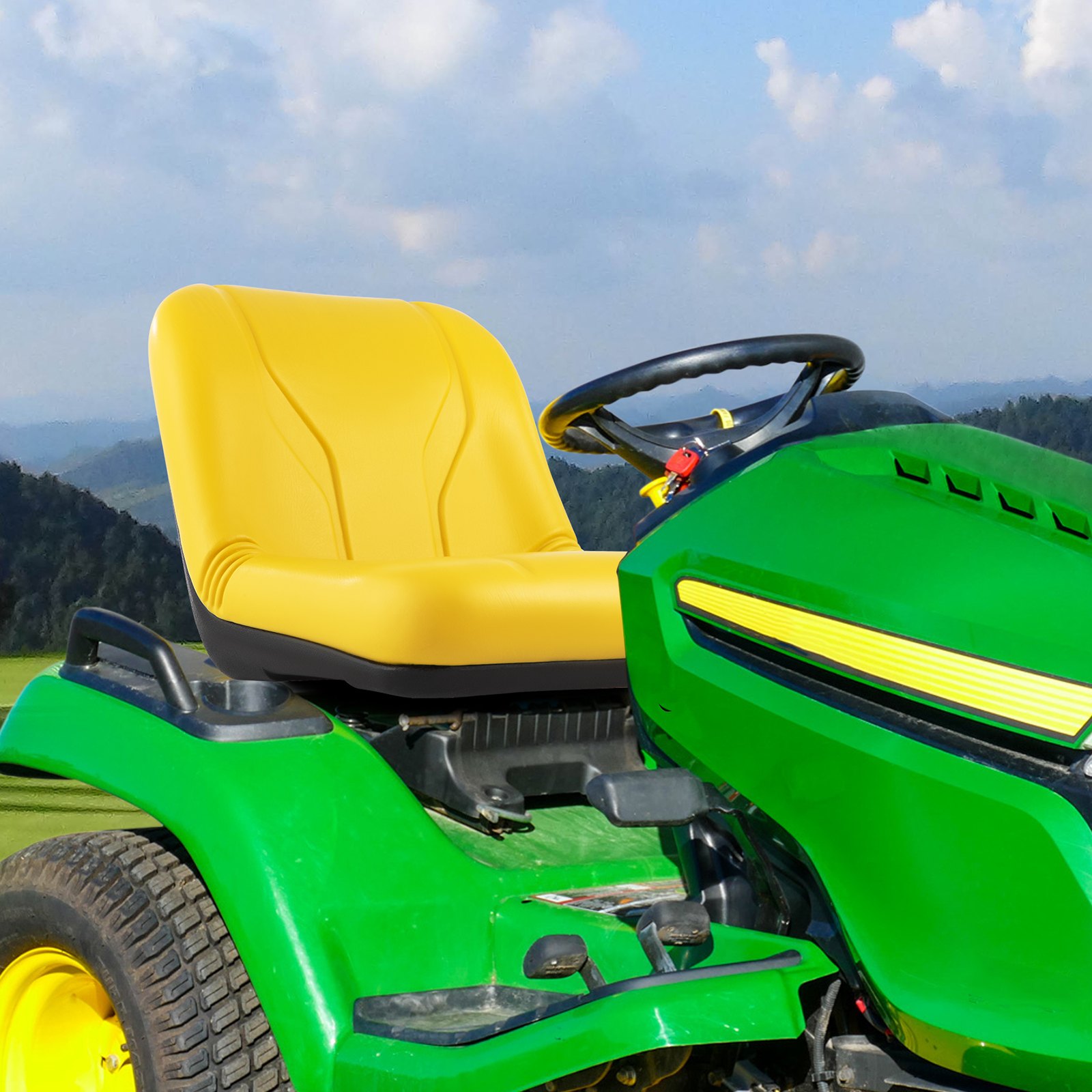 VEVOR Universal Tractor Seat, Industrial High Back, PVC Lawn and Garden Mower Seat Replacement, Drain Hole Steel Frame Compact Forklift Seat, Compatible with Excavator, Mower, Forklift, Yellow