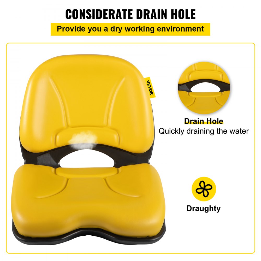 VEVOR Universal Tractor Seat, Industrial High Back, Waterproof PVC Lawn and Garden Mower Seat Replacement, Steel Frame Forklift Seat with Drain Hole, Compatible with Excavator, Mower, Forklift, Yellow