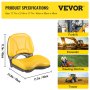 VEVOR Universal Tractor Seat, Industrial High Back, Waterproof PVC Lawn and Garden Mower Seat Replacement, Steel Frame Forklift Seat with Drain Hole, Compatible with Excavator, Mower, Forklift, Yellow