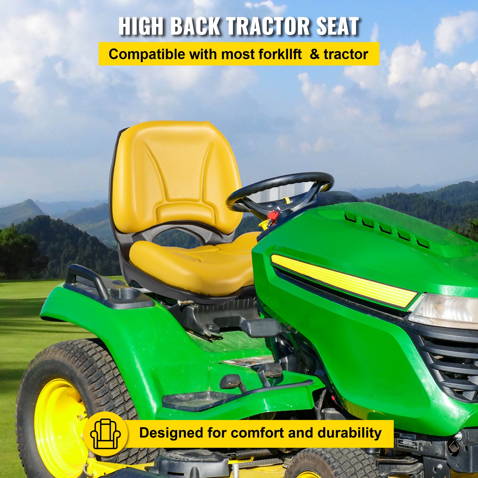 VEVOR Universal Tractor Seat, Industrial High Back, Waterproof PVC Lawn and Garden Mower Seat Replacement, Steel Frame Forklift Seat with Drain Hole, Compatible with Excavator, Mower, Forklift, Yellow