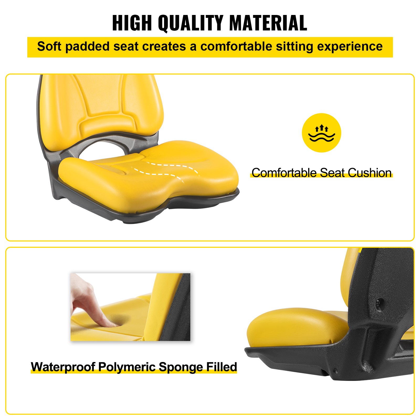 VEVOR Universal Tractor Seat, Industrial High Back, Waterproof PVC Lawn and Garden Mower Seat Replacement, Steel Frame Forklift Seat with Drain Hole, Compatible with Excavator, Mower, Forklift, Yellow
