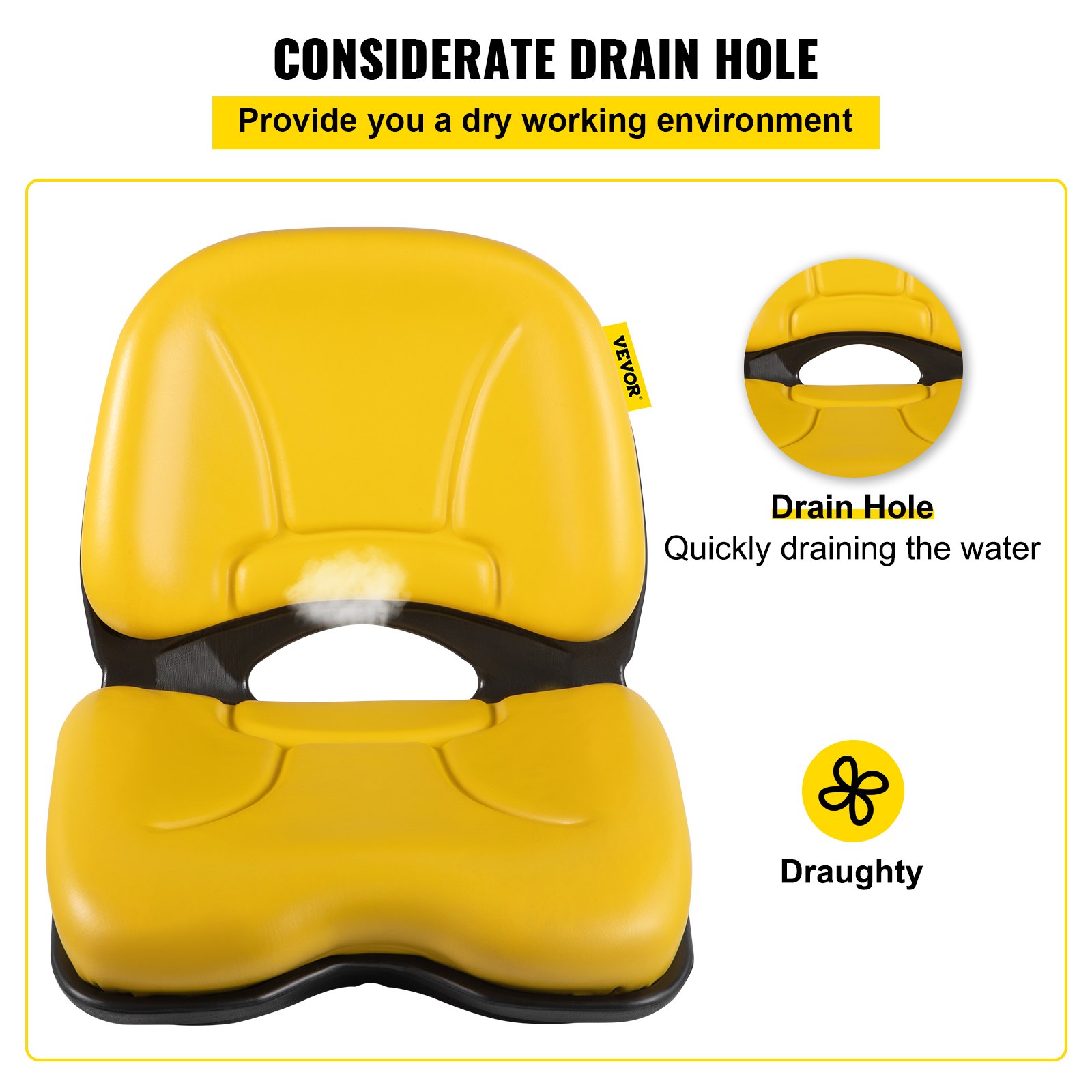 VEVOR Universal Tractor Seat, Industrial High Back, Waterproof PVC Lawn and Garden Mower Seat Replacement, Steel Frame Forklift Seat with Drain Hole, Compatible with Excavator, Mower, Forklift, Yellow