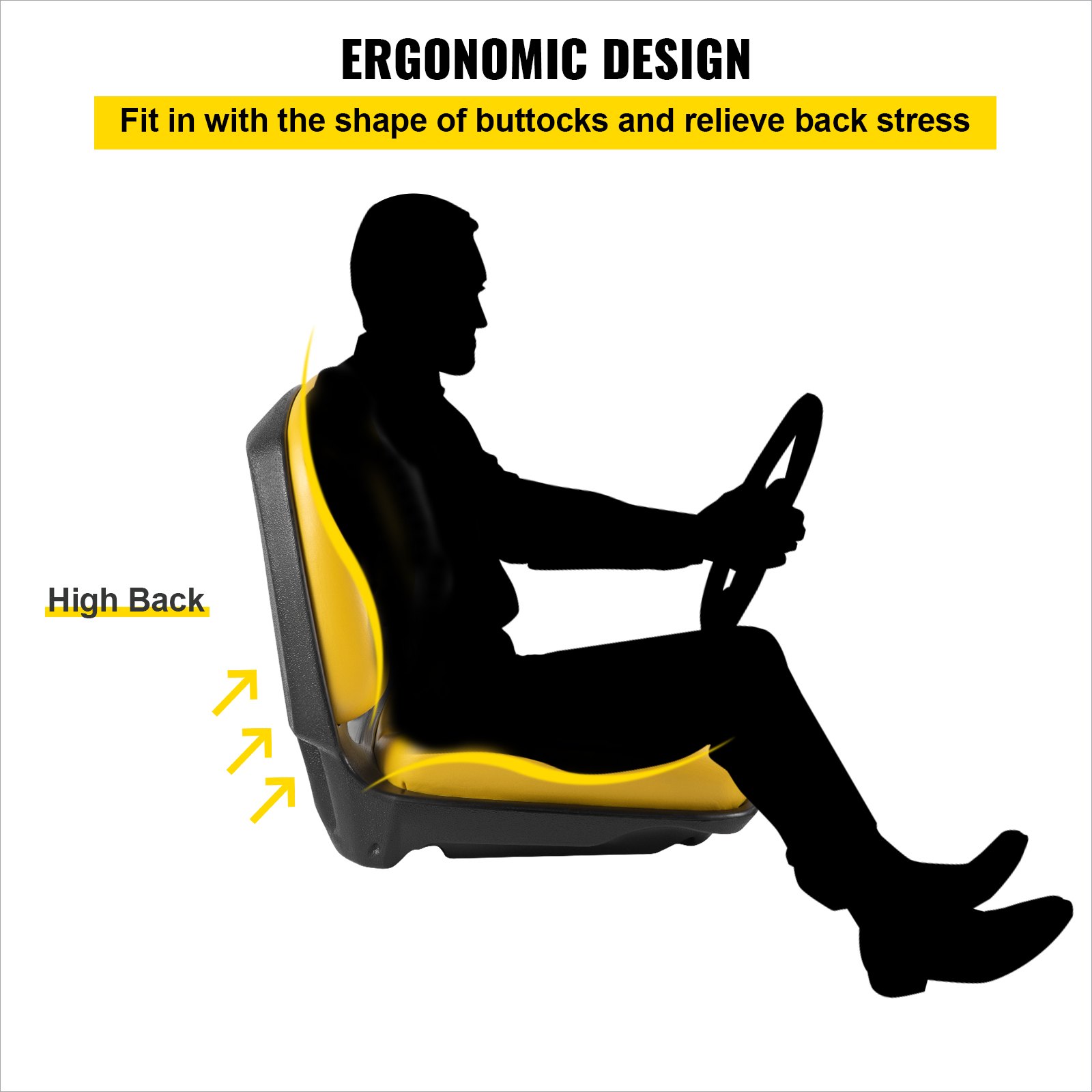 VEVOR Universal Tractor Seat, Industrial High Back, Waterproof PVC Lawn and Garden Mower Seat Replacement, Steel Frame Forklift Seat with Drain Hole, Compatible with Excavator, Mower, Forklift, Yellow