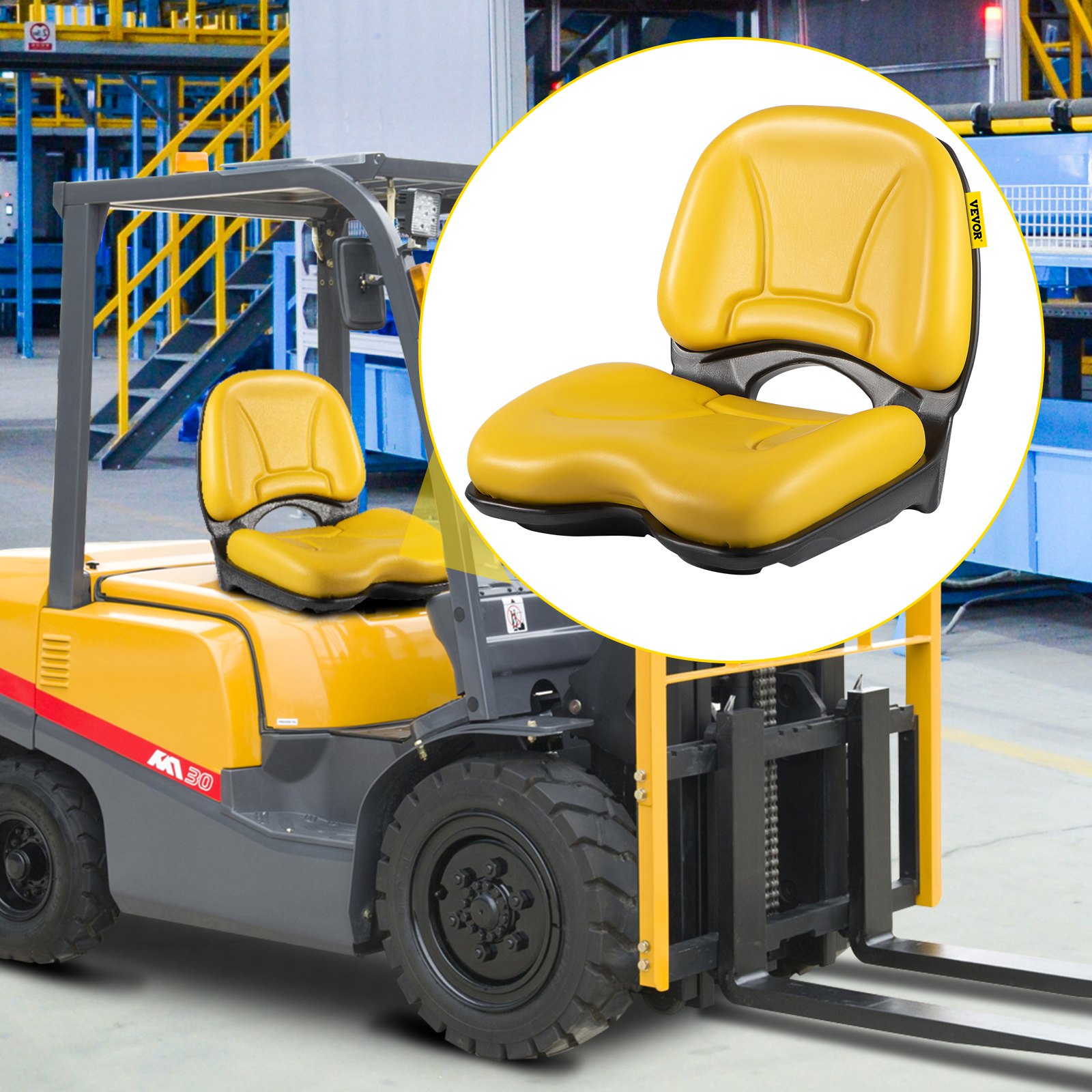 VEVOR Universal Tractor Seat, Industrial High Back, Waterproof PVC Lawn and Garden Mower Seat Replacement, Steel Frame Forklift Seat with Drain Hole, Compatible with Excavator, Mower, Forklift, Yellow