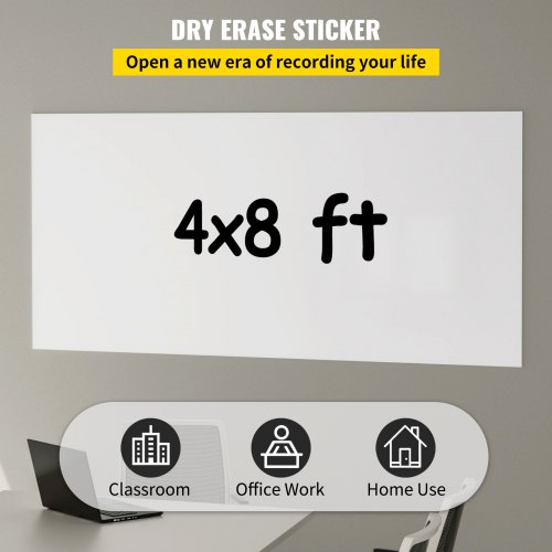 VEVOR White Board Paper, 8x4 ft Dry Erase Whiteboard Paper w/ Adhesive Backing, Removable Peel and Stick PET Surface, No Ghost for Kids Home and Office, 3 Markers, 4 Push Pin Magnets & Eraser