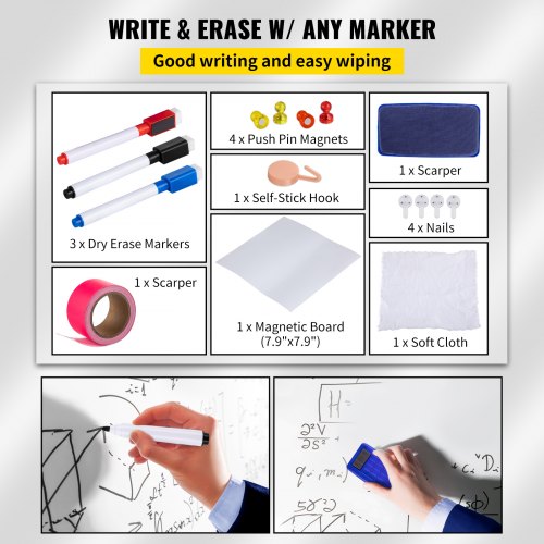 VEVOR White Board Paper, 8x4 ft Dry Erase Whiteboard Paper w/ Adhesive Backing, Removable Peel and Stick PET Surface, No Ghost for Kids Home and Office, 3 Markers, 4 Push Pin Magnets & Eraser