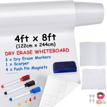 VEVOR White Board-papper, 8x4 ft Dry Erase Whiteboard-papper med självhäftande baksida, löstagbar PET-yta med avdrag och stick, No Ghost för barn hem och kontor, 3 markörer, 4 tryckstiftsmagneter och suddgummi
