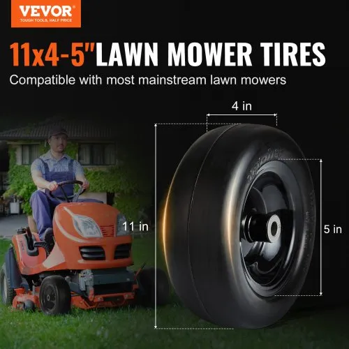 2 Pack 11x4.00-5 Flat Free Lawn Mower Tires & Wheels - Solid Polyurethane, Anti-Slip Tread, For Zero Turn Mowers