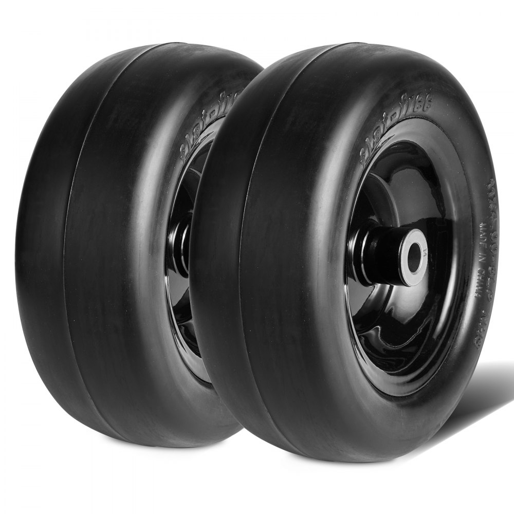 two black VEVOR lawn mower tires with smooth tread and sturdy wheel hubs.