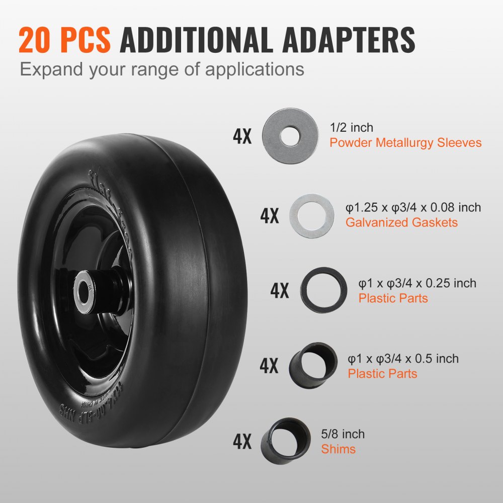 VEVOR Lawn Mower Tires with Rim, 278 x 100-177 mm Tubeless Tractor Tires, 2-Pack Tire and Wheel Assemby, Flat-free PU Tire, 86.36 mm Centered Hub,19.05 mm Bushing Size, 20 PCS Adapters for Riding Mowers Lawn Tractors