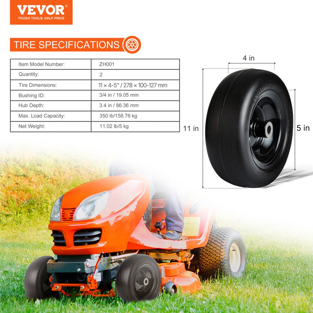 VEVOR Lawn Mower Tires with Rim, 278 x 100-177 mm Tubeless Tractor Tires, 2-Pack Tire and Wheel Assemby, Flat-free PU Tire, 86.36 mm Centered Hub,19.05 mm Bushing Size, 20 PCS Adapters for Riding Mowers Lawn Tractors