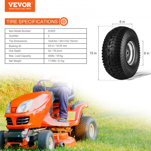 2 Pack 15x6.00-6 Solid Flat-Free Lawn Mower Tires & Wheels - Front Replacement For John Deere, Husqvarna