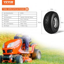 VEVOR Lawn Mower Tires, 15x6-6" Lawn Tractor Tires, 2-Pack Tire and Wheel Assemblies, Turf Pneumatic Tires with 3" Centered Hub and 3/4" Bushing Size, 16 PCS Adapters for Riding Mowers Lawn Tractors