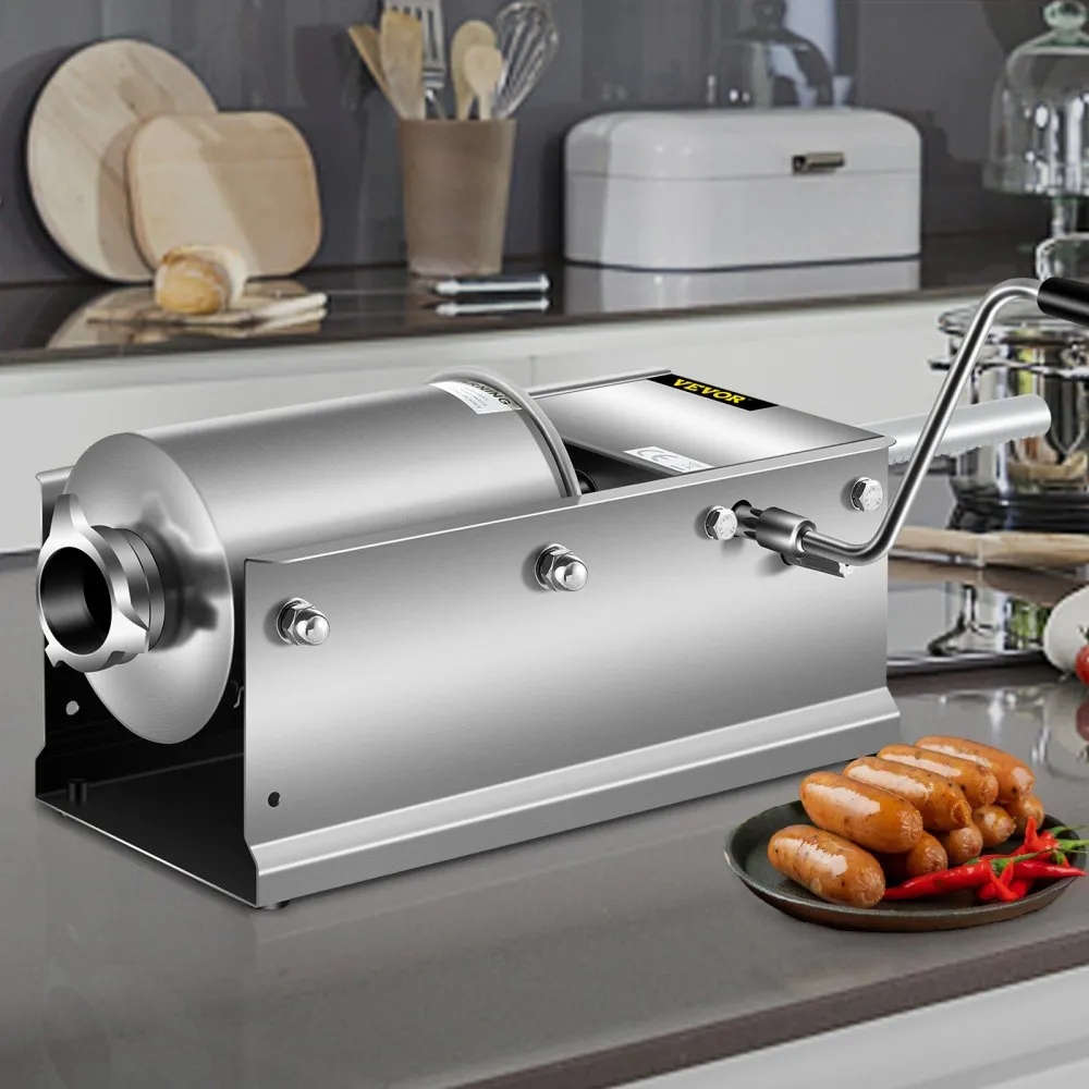 VEVOR sausage stuffer on a kitchen counter with sausages and red chilies.