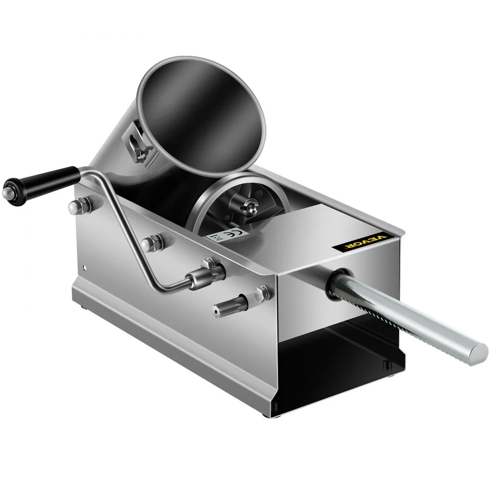 VEVOR sausage stuffer with stainless steel body and manual hand crank.