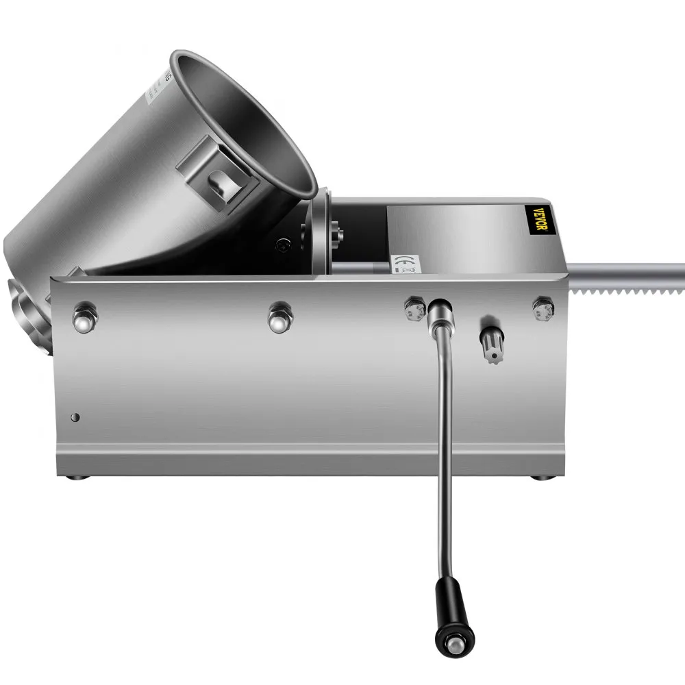 stainless steel VEVOR sausage stuffer with hand crank, tilted cylinder, and durable build.