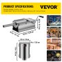 VEVOR sausage stuffer dimensions with restaurant, market, cafeteria, and kitchen scenes.