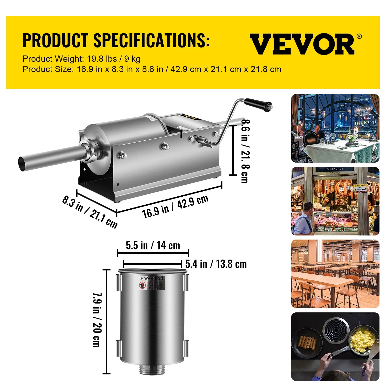 VEVOR sausage stuffer dimensions with restaurant, market, cafeteria, and kitchen scenes.