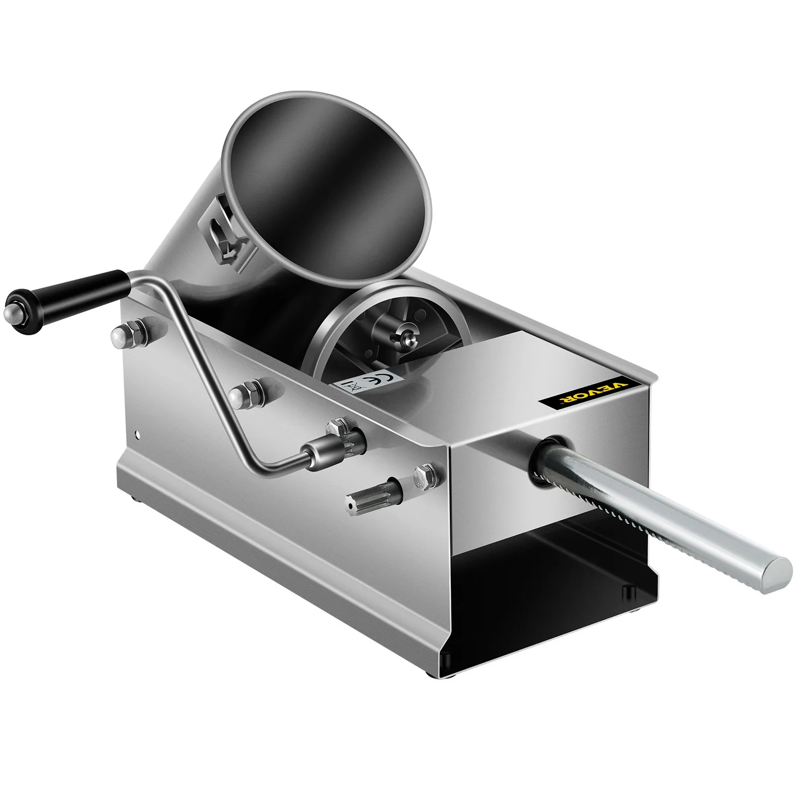 VEVOR sausage stuffer with stainless steel body and manual hand crank.