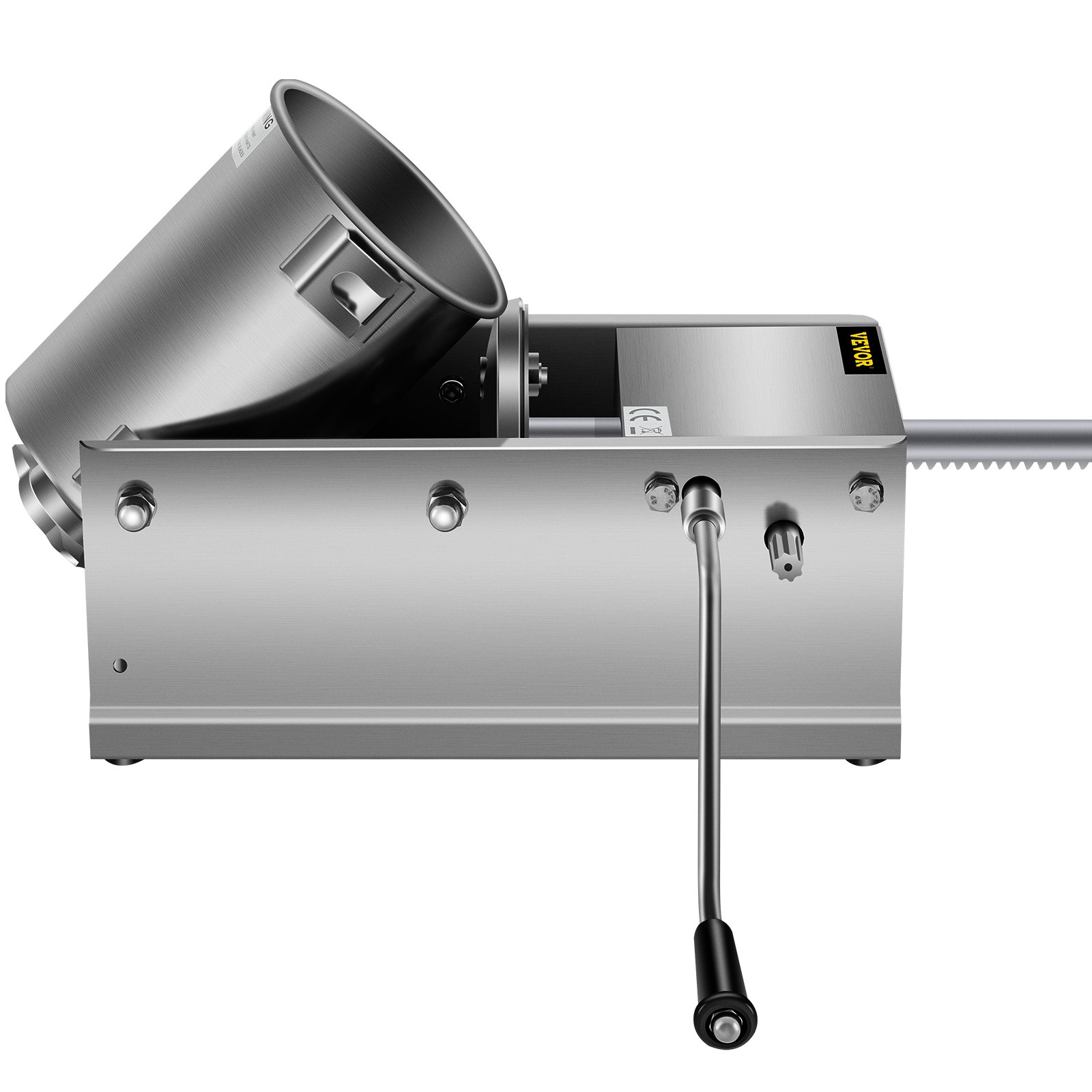 stainless steel VEVOR sausage stuffer with hand crank, tilted cylinder, and durable build.