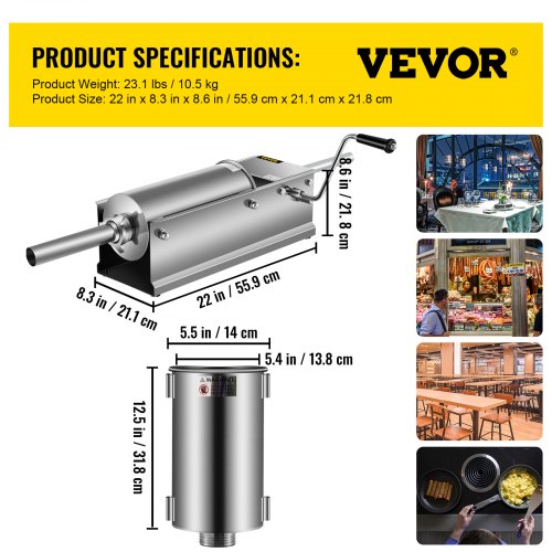 VEVOR Sausage Stuffer Machine 5L Stainless Steel Sausage Filler Horizontal Manual Sausage Meat Stuffer Machine for Making Hot Dog Sausages Bratwurst Suitable for Home and Commercial Use