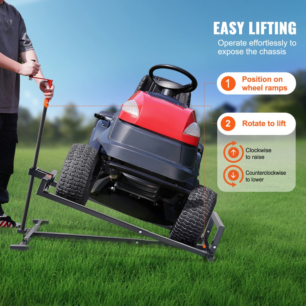 VEVOR Ride on Lawn Mower Lift Jack, 880 Lbs Weight Capacity, Telescopic Maintenance Jack with Crank Handle & Power Tool Handle, Foldable Lawn Tractor Lifter for Lawn Mowers and Garden Tractors, Black