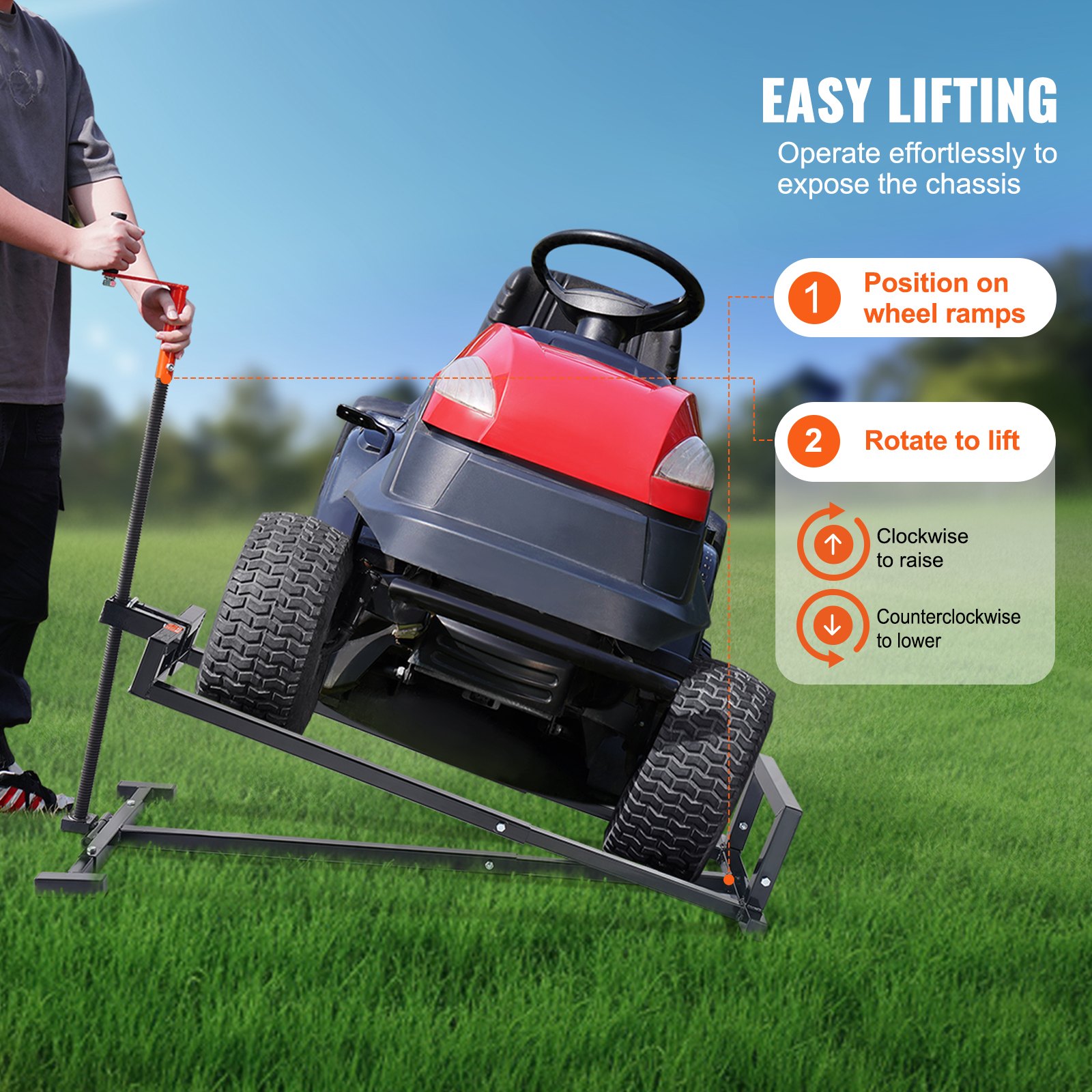 VEVOR Ride on Lawn Mower Lift Jack, 880 Lbs Weight Capacity, Telescopic Maintenance Jack with Crank Handle & Power Tool Handle, Foldable Lawn Tractor Lifter for Lawn Mowers and Garden Tractors, Black