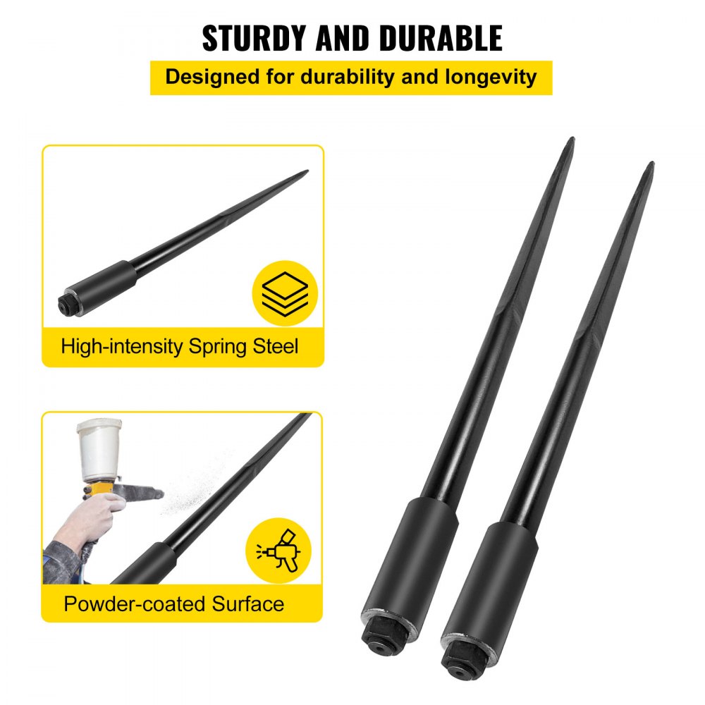 VEVOR Two 49" 3000 lbs Hay Spears Nut Bale Spike Fork Tine, A Pair of Bale Spear, Black