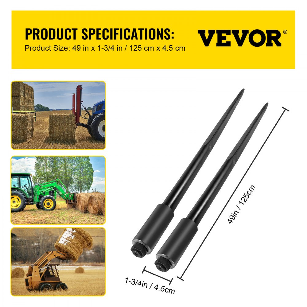 VEVOR Hay Spears, 49inch Hay Bale Spear, 3000lbs Bale Hay Spike, 1.75inch Wide Spike Fork Tine, Black Coated Hay Spear Attachment with Sleeve and Nut, 1 Pair for Tractors Loaders Buckets Skid-steers