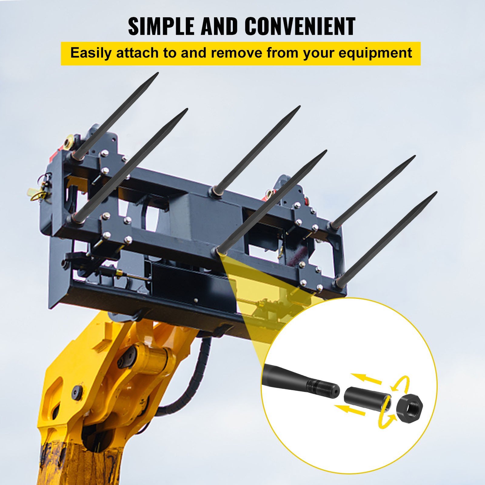 VEVOR Hay Spears, 49inch Hay Bale Spear, 3000lbs Bale Hay Spike, 1.75inch Wide Spike Fork Tine, Black Coated Hay Spear Attachment with Sleeve and Nut, 1 Pair for Tractors Loaders Buckets Skid-steers