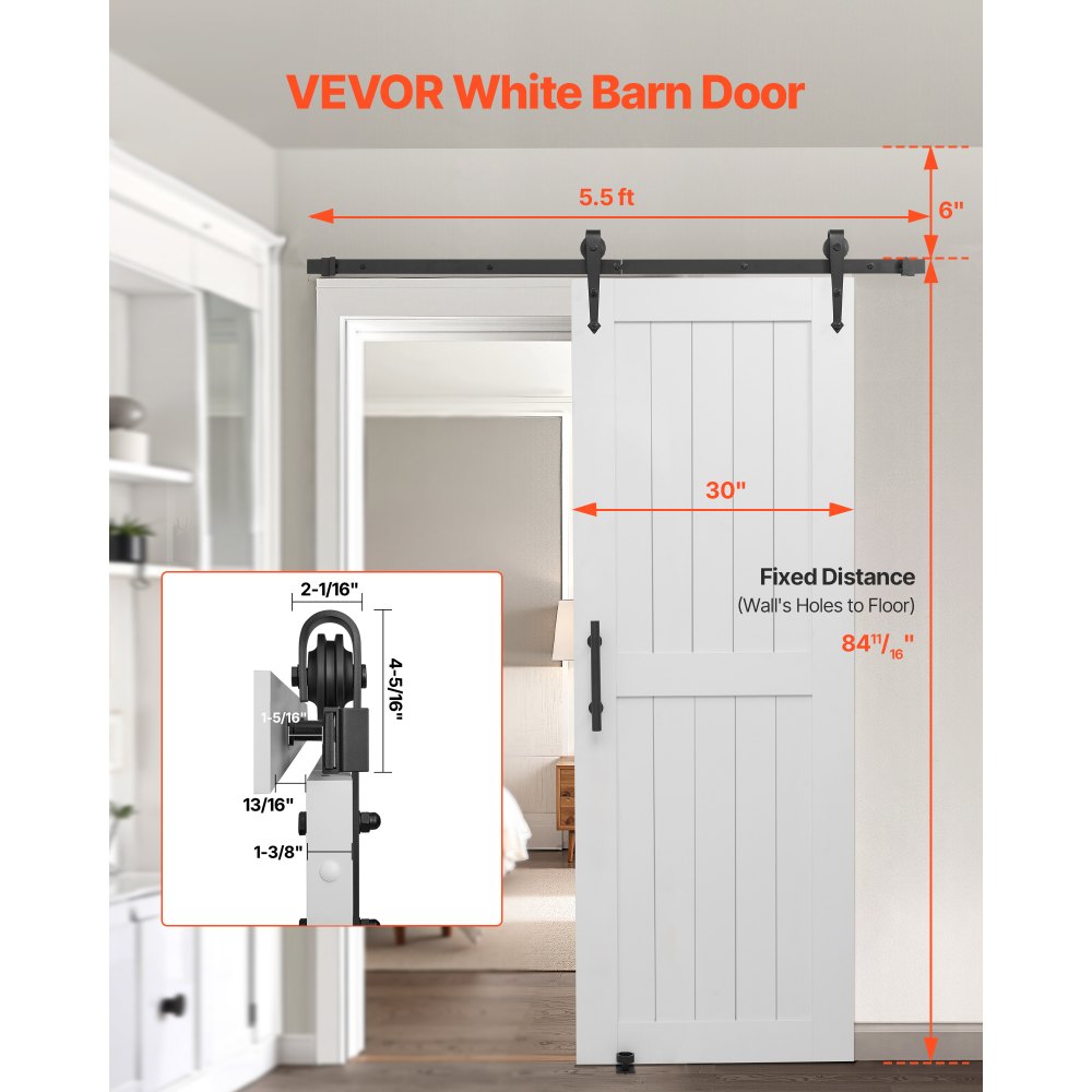 VEVOR Sliding Barn Door, 762 x 2134mm, High-Strength MDF Panel, Barn Door with Hardware Kit, Water-Proof PVC Surface, Easy to Install, H-Frame, Smoothly and Quietly Sliding for Living Room, Bathroom