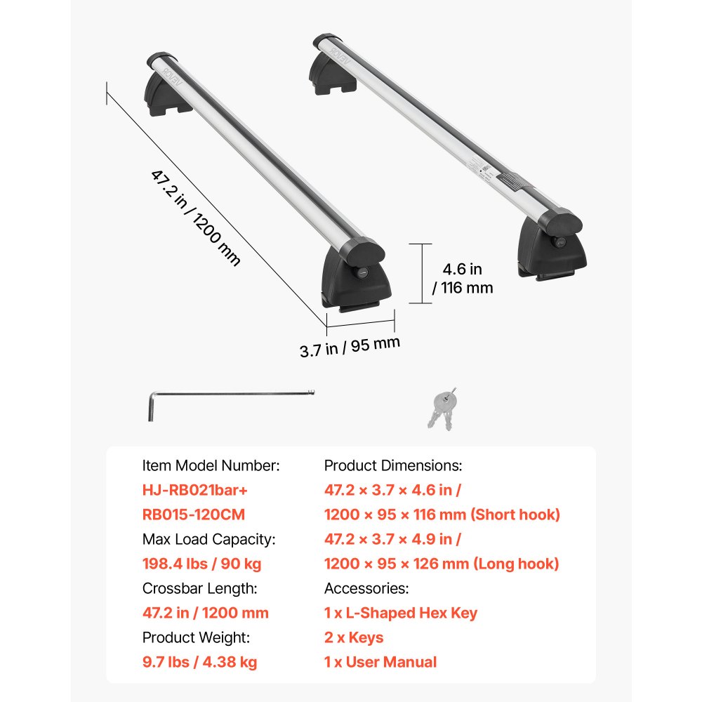 VEVOR Roof Rack Cross Bars, 90 kg Capacity, Universal Fit for Raised & Flush Roof Rails, 180-1085 mm Rail Spacing, Lockable Heavy Duty Aluminum Crossbar Rooftop Luggage Canoe Cargo Basket Carrier