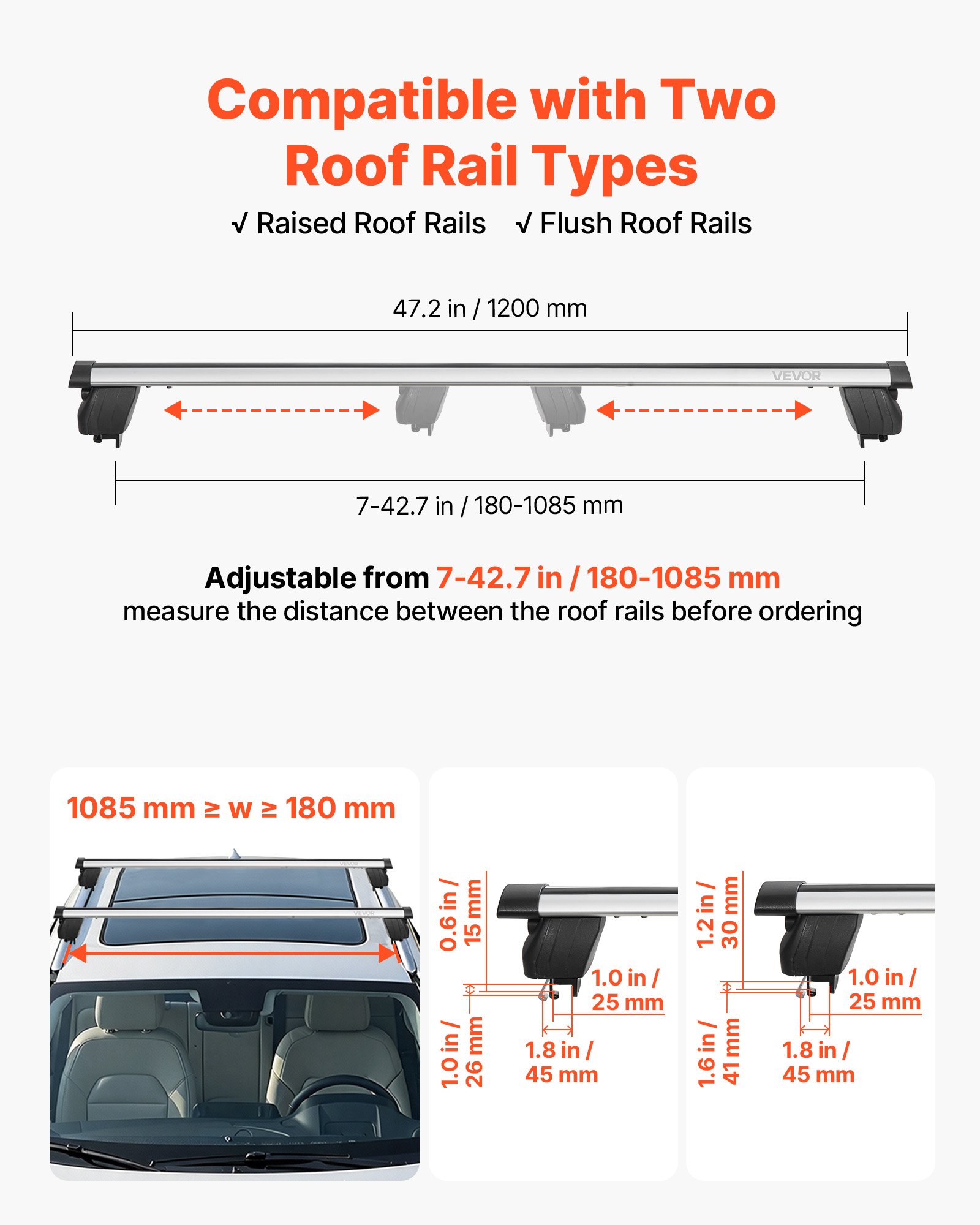 VEVOR Roof Rack Cross Bars, 90 kg Capacity, Universal Fit for Raised & Flush Roof Rails, 180-1085 mm Rail Spacing, Lockable Heavy Duty Aluminum Crossbar Rooftop Luggage Canoe Cargo Basket Carrier