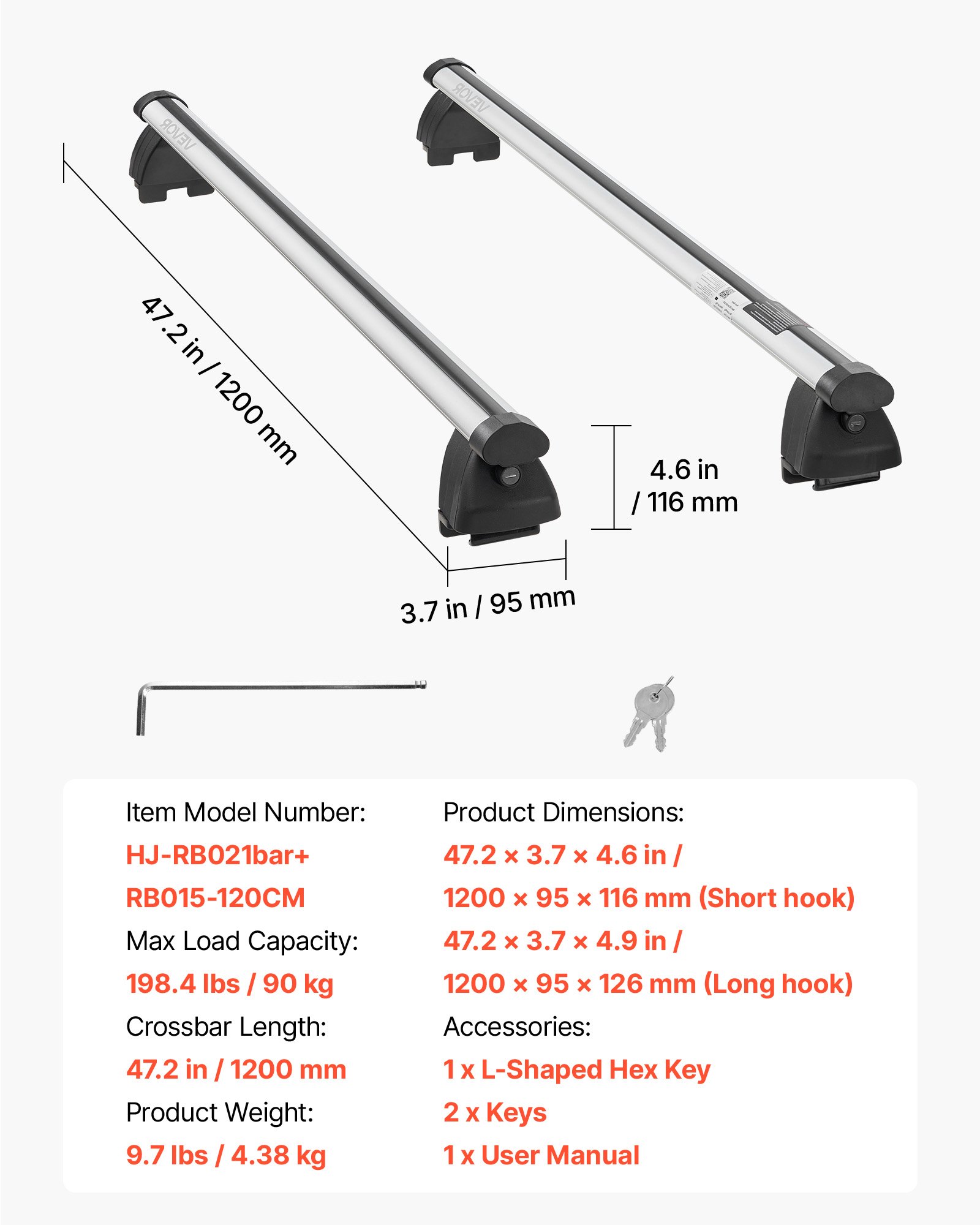 VEVOR Roof Rack Cross Bars, 90 kg Capacity, Universal Fit for Raised & Flush Roof Rails, 180-1085 mm Rail Spacing, Lockable Heavy Duty Aluminum Crossbar Rooftop Luggage Canoe Cargo Basket Carrier