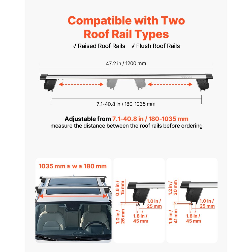 VEVOR Roof Rack Cross Bars, 165 lbs Capacity, Universal Fit for Raised & Flush Roof Rails, 7.1"-40.8" Rail Spacing, Lockable Heavy Duty Aluminum Crossbar Rooftop Luggage Canoe Cargo Basket Carrier