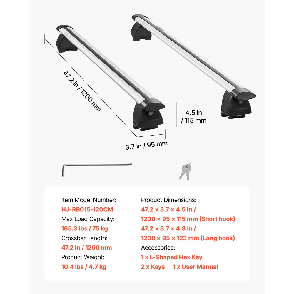 VEVOR Roof Rack Cross Bars, 165 lbs Capacity, Universal Fit for Raised & Flush Roof Rails, 7.1"-40.8" Rail Spacing, Lockable Heavy Duty Aluminum Crossbar Rooftop Luggage Canoe Cargo Basket Carrier