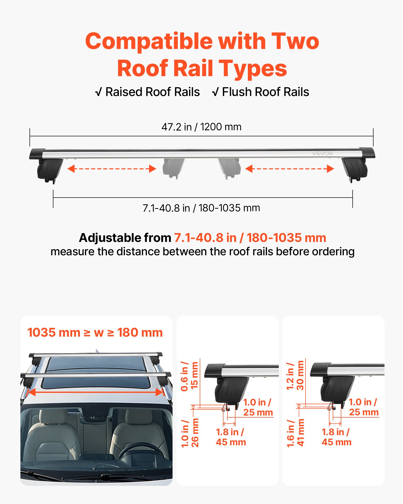 VEVOR Roof Rack Cross Bars, 165 lbs Capacity, Universal Fit for Raised & Flush Roof Rails, 7.1"-40.8" Rail Spacing, Lockable Heavy Duty Aluminum Crossbar Rooftop Luggage Canoe Cargo Basket Carrier