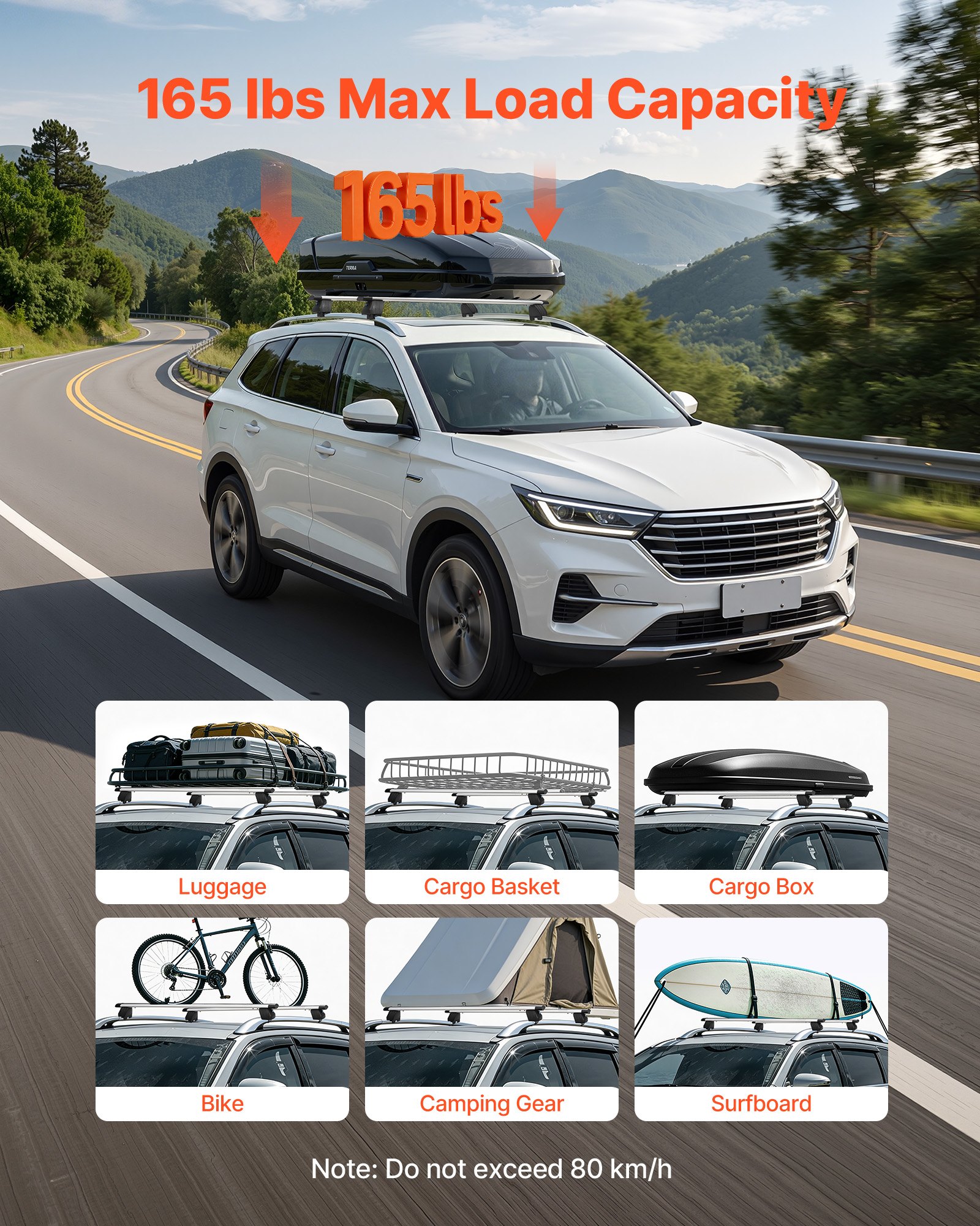 VEVOR Roof Rack Cross Bars, 165 lbs Capacity, Universal Fit for Raised & Flush Roof Rails, 7.1"-40.8" Rail Spacing, Lockable Heavy Duty Aluminum Crossbar Rooftop Luggage Canoe Cargo Basket Carrier