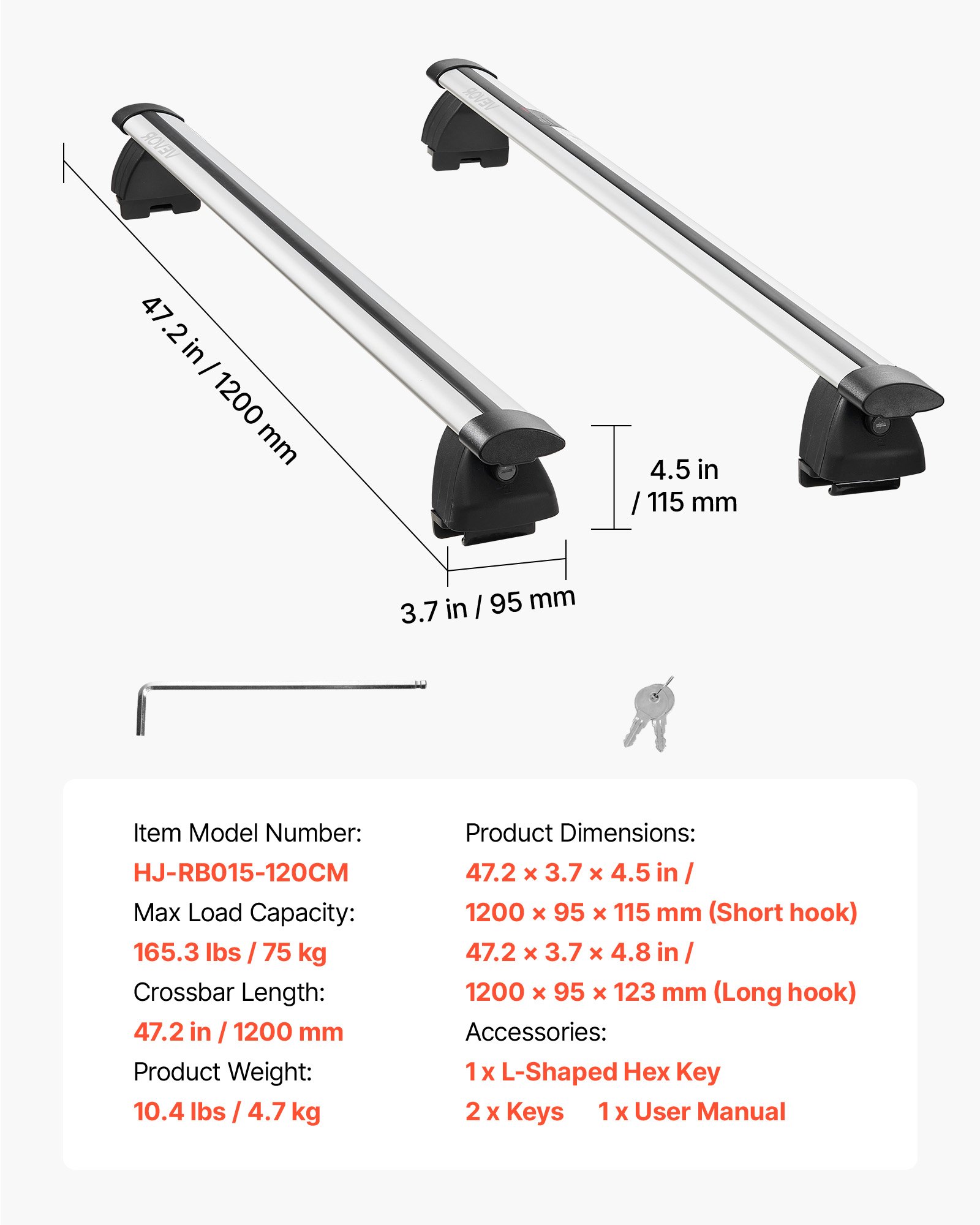 VEVOR Roof Rack Cross Bars, 165 lbs Capacity, Universal Fit for Raised & Flush Roof Rails, 7.1"-40.8" Rail Spacing, Lockable Heavy Duty Aluminum Crossbar Rooftop Luggage Canoe Cargo Basket Carrier
