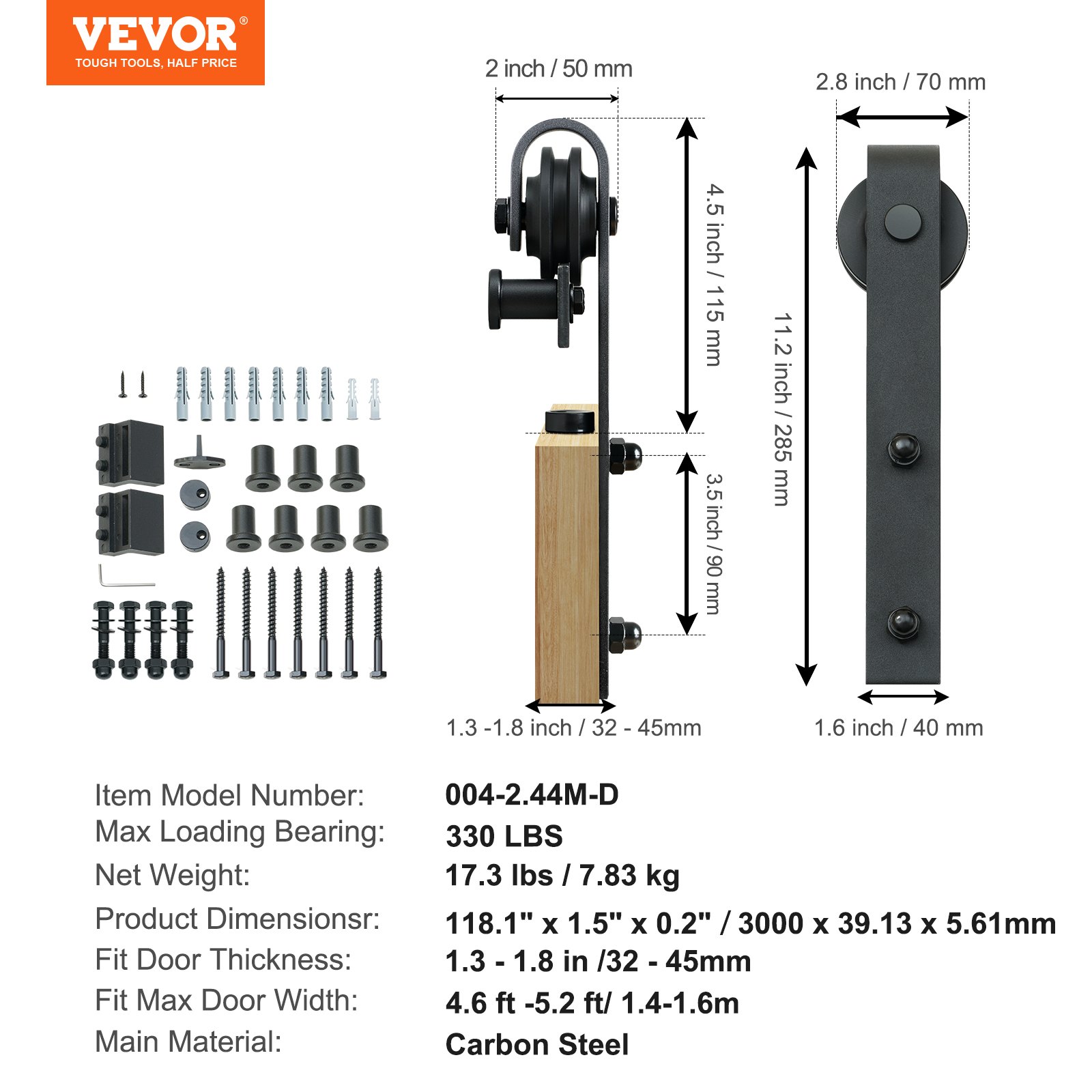 VEVOR sliding barn door hardware kit with dimensions and installation components detailed.