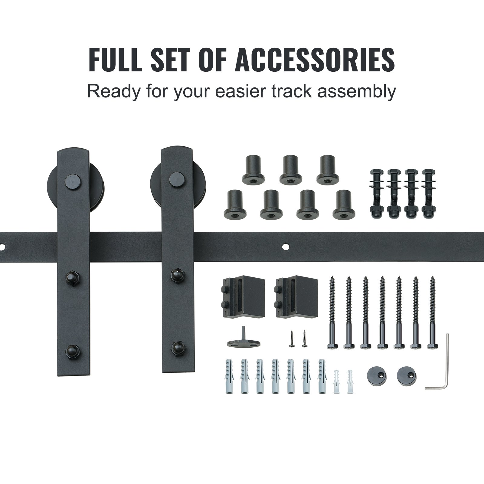 VEVOR sliding barn door hardware set with screws, brackets, and rollers for easy track assembly.