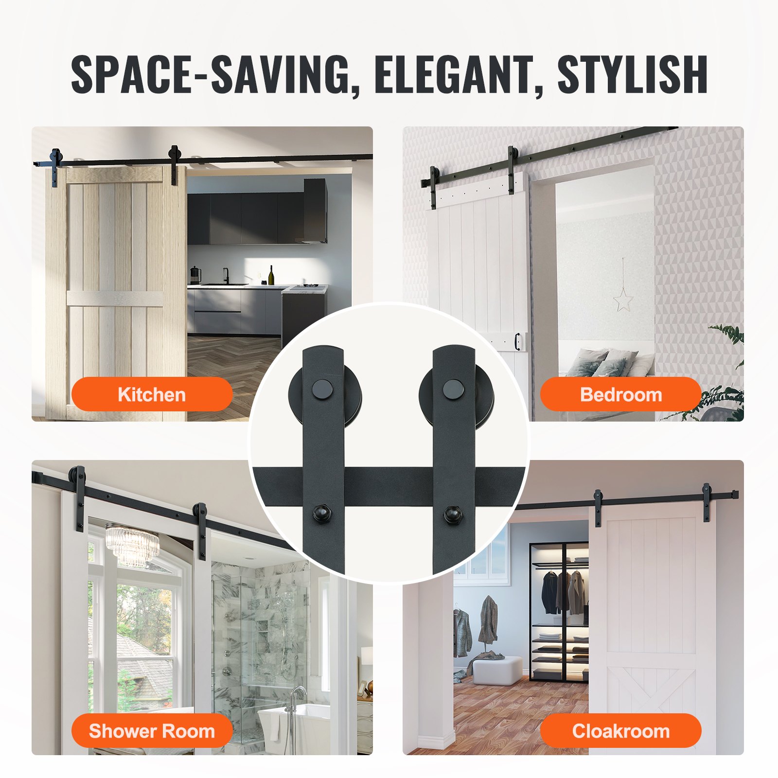 VEVOR sliding barn door hardware in a kitchen, bedroom, shower room, and cloakroom, space-saving and elegant.
