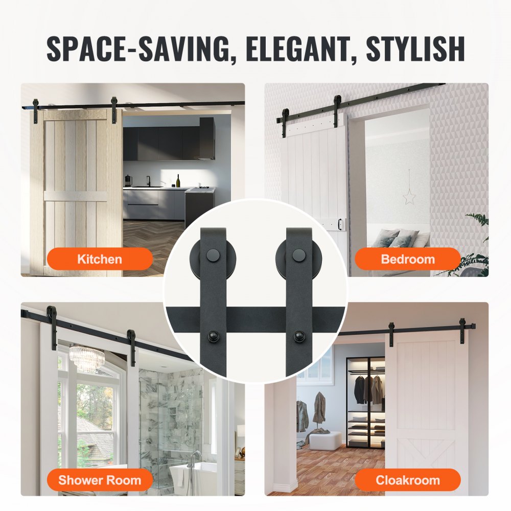 space-saving sliding barn doors in kitchen, bedroom, shower room, and cloakroom with VEVOR sliding barn door hardware kit.