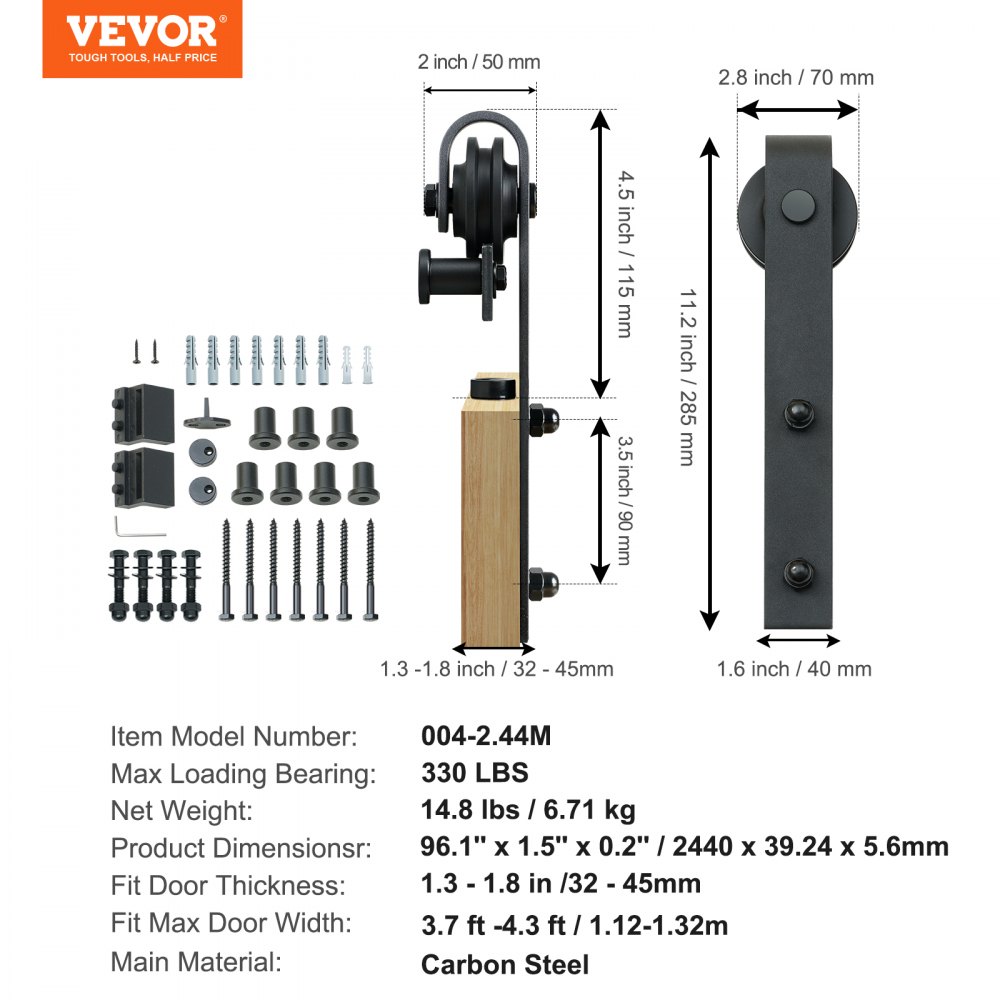 VEVOR sliding barn door hardware kit, black steel parts, measurements, and specifications displayed.