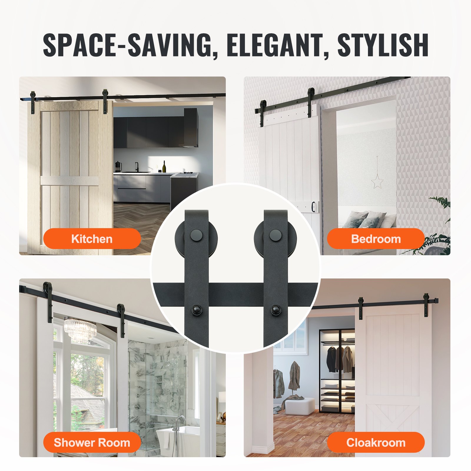 space-saving sliding barn doors in kitchen, bedroom, shower room, and cloakroom with VEVOR sliding barn door hardware kit.