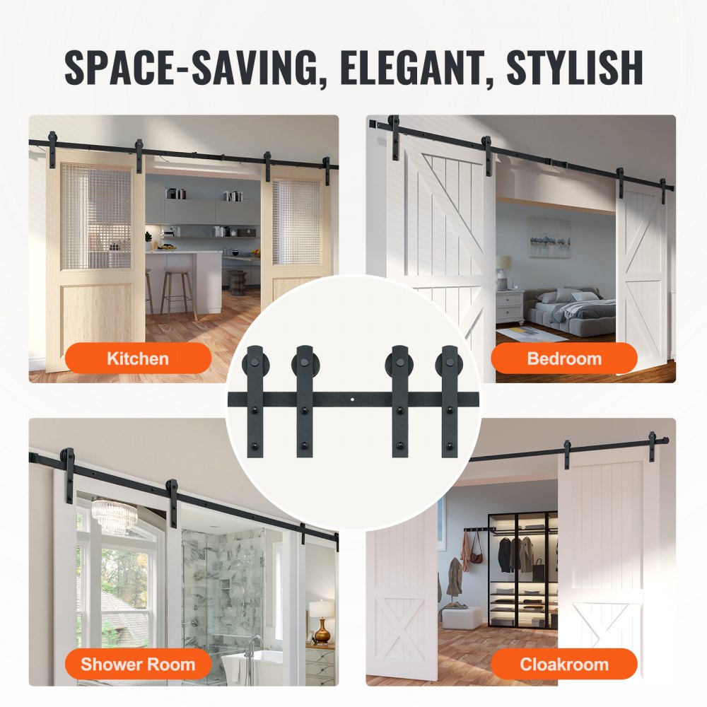 VEVOR 243.8 cm Sliding Barn Door Hardware Kit, 149.7 kg Heavy Duty Barn Door Track Kit for Double Doors, Fit 112-131 cm Total Width and 3.3-4.6 cm Thick 2 Door Panels, with Smooth & Silent Pulley (I Shape)